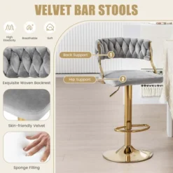 Costway Swivel Velvet Bar Stools Set Of 2 Upholstered Adjustable With Woven Backrest Grey/Beige/Yellow -Costway GUEST 004cf24d 8981 4771 bb43 300aa8c64ee3