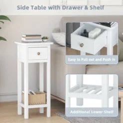 Costway 2PCS 2 Tier End Bedside Sofa Side Table With Drawer Shelf Acacia Wood Nightstand White -Costway GUEST 0180fb52 9840 42a8 a33f 51876de33f4c