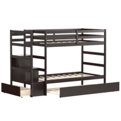 Costway Twin Over Twin Bunk Bed With Trundle Stairway And Storage Shelf Drawer WhiteEspressoGrey
