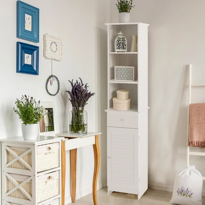 Costway Bathroom Tall Storage Cabinet Freestanding Linen Tower W/ Open Shelves & Drawer 4 Costway Bathroom Tall Storage Cabinet Freestanding Linen Tower W/ Open Shelves & Drawer - Image 2