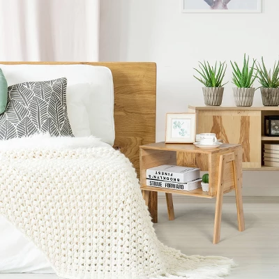 Costway Set Of 2 Bamboo Nightstand Stackable Sofa Table Bedside Table With Storage Shelf 6 Costway Set Of 2 Bamboo Nightstand Stackable Sofa Table Bedside Table With Storage Shelf - Image 4