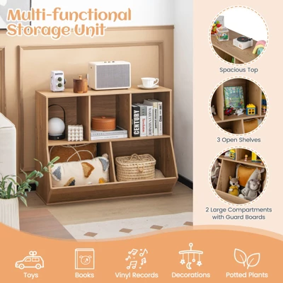 Costway 5-Cubby Kids Toy Storage Organizer Wooden Bookshelf Display Cabinet Natural/White 6 Costway 5-Cubby Kids Toy Storage Organizer Wooden Bookshelf Display Cabinet Natural/White - Image 4