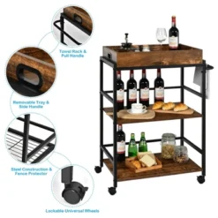 Costway 3-Tier Rolling Bar Cart Kitchen Serving Cart W/ Removable Tray & Handle -Costway GUEST 0613fbfe 469a 4347 a54e 7054617ce256