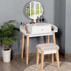 Costway Wooden Vanity Makeup Dressing Table Stool Round W/Drawer -Costway GUEST 06b1f4f6 f5be 4edb 9d72 64340d5638da