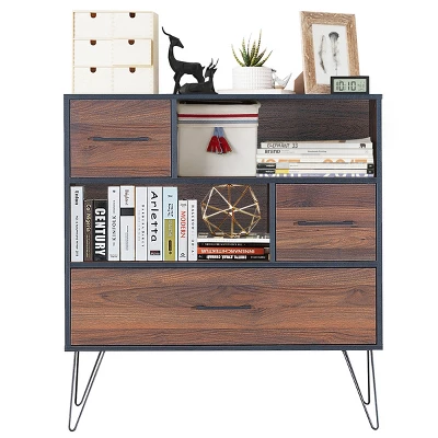 Costway Sideboard Storage Cabinet Multipurpose Display Unit W/Metal Leg & Drawers Walnut 11 Costway Sideboard Storage Cabinet Multipurpose Display Unit W/Metal Leg & Drawers Walnut - Image 9