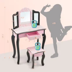 Costway Kid Vanity Set Wooden Makeup Table Stool Tri-Folding Mirror Leopard Print Pink -Costway GUEST 070ab720 d125 468e 8893 19391b1b765b