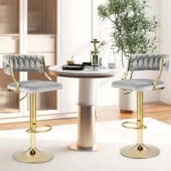 Costway Swivel Velvet Bar Stools Set Of 2 Upholstered Adjustable With Woven Backrest Grey/Beige/Yellow