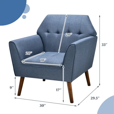 Costway Modern Tufted Fabric Accent Chair Upholstered Armchair With Rubber Wood Legs Blue/Grey 4 Costway Modern Tufted Fabric Accent Chair Upholstered Armchair With Rubber Wood Legs Blue/Grey - Image 2