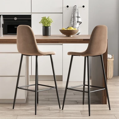 Costway Set Of 2 Bar Stools 29.5'' Velvet Upholstered High Back Bar Chairs Kitchen Brown/Grey 3 Costway Set Of 2 Bar Stools 29.5'' Velvet Upholstered High Back Bar Chairs Kitchen Brown/Grey