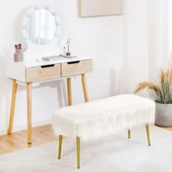 Costway Fauxfur Ottoman Bench Modern Vanity Bench Stool W/ Golden Legs WhitePink -Costway GUEST 0879c36f 8a58 471d 9a29 0551628e7ad1