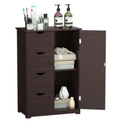 Costway Wooden 4 Drawer Bathroom Cabinet Storage Cupboard 2 Shelves Free Standing Brown -Costway GUEST 08cd056a 8607 4d15 af53 7a759f147d54