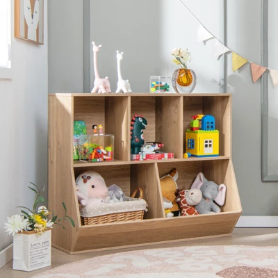 Costway 5-Cubby Kids Toy Storage Organizer Wooden Bookshelf Display Cabinet Natural/White 3 Costway 5-Cubby Kids Toy Storage Organizer Wooden Bookshelf Display Cabinet Natural/White