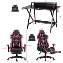 Costway Gaming Desk&Massage Gaming Chair Set W/ Footrest Monitor Shelf Power Strip Pink