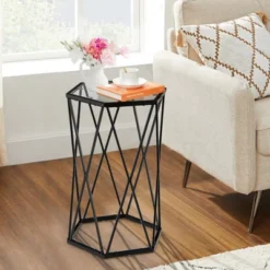 Costway End Table Tempered Glass Top Metal Frame Hexagonal Accent Side Table Living Room -Costway GUEST 0a415bb4 f8d3 4ee6 b895 e2920fe8834f