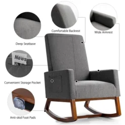 Costway Mid Century Retro Fabric Rocking Chair Upholstered Nursery Armchair Gray -Costway GUEST 0ad22469 b813 4e6b 94dc 02ffae587222 1