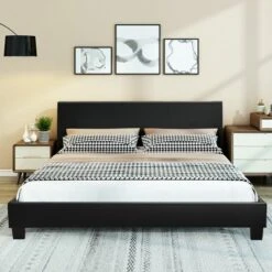 Costway Queen Upholstered Platform Bed Frame With Linen/PU Headboard Wood Slat Gray/Black -Costway GUEST 0b337e99 da3e 4325 a02c 91189e813ec8