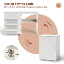 Costway White Folding Sewing Craft Table With Storage Shelves Cabinet Lockable Wheels -Costway GUEST 0d69baf0 8ac8 48e5 a21b a166ed830cd5
