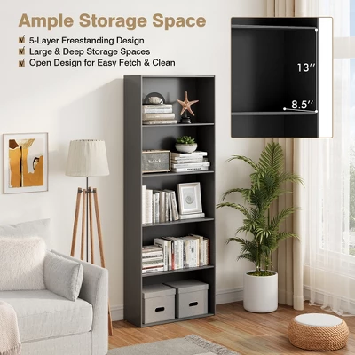 Costway 5-Shelf Storage Bookcase Modern Multi-Functional Display Cabinet Furniture Black 6 Costway 5-Shelf Storage Bookcase Modern Multi-Functional Display Cabinet Furniture Black - Image 4