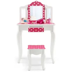 Costway Kid Vanity Set Wooden Makeup Table Stool Tri-Folding Mirror Polka Dot Print Pink -Costway GUEST 0e3340b2 b91d 4461 8b6e a2a48741e247