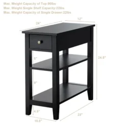 3Tier Nightstand Bedside Table Sofa Side End Table W/Double Shelves Drawer Black