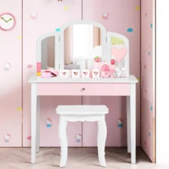 Costway Kids Vanity Set Princess Makeup Dressing Play Table Set W/Mirror White Pink -Costway GUEST 119a6637 0d33 4ff4 a83c ec7fb68a3db5