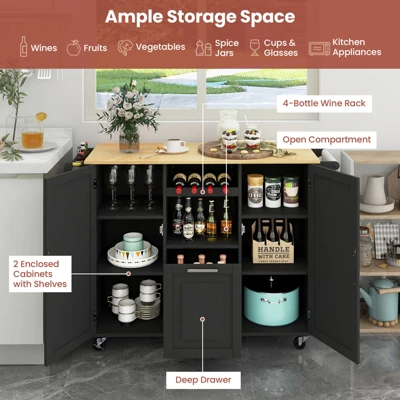 Costway Rolling Kitchen Island Utility Serving Cart With Drop Leaf Wine Rack Drawer 7 Costway Rolling Kitchen Island Utility Serving Cart With Drop Leaf Wine Rack Drawer - Image 5
