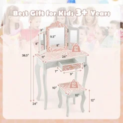 Costway Kid Vanity Set Wooden Makeup Table Stool Tri-Folding Mirror Zebra-Stripe Pink -Costway GUEST 12413e2c 1d81 45e8 bed1 c322adf14ba8