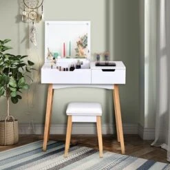 Costway Vanity Makeup Table Cushioned Stool Set W/Flip Top Mirror &1 Drawer Writing Desk -Costway GUEST 125944a5 cf89 48e1 964d 99eadba6c710
