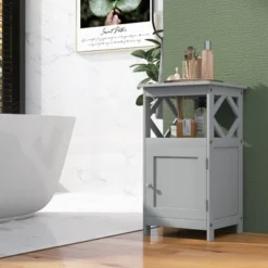 Costway Bathroom Floor Cabinet Side Storage Organizer With Open Shelf & Single Door Grey/White -Costway GUEST 13e003ed b16d 46f4 8865 154a0fed49fb