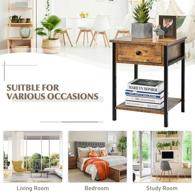 Costway 2PCS Industrial End Side Table Nightstand With Drawer Shelf Rustic Brown 8 Costway 2PCS Industrial End Side Table Nightstand With Drawer Shelf Rustic Brown - Image 6