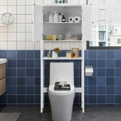 Costway Over The Toilet Storage Cabinet Double Door Bathroom Organizer Adjustable Shelf