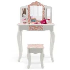 Costway Kid Vanity Set Wooden Makeup Table Stool Tri-Folding Mirror Zebra-Stripe Pink -Costway GUEST 162c33db 5dfd 44fc a96b c0bdd2c0642a