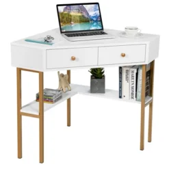 Costway Corner Computer Desk Writing Workstation Study Desk W/ 2 Drawers WhiteBlackGold -Costway GUEST 1630d8f9 51d0 4f1a b1b5 8f84990f5918