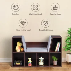 Costway 6 Cubby Kid Storage Cabinet Cushioned Bookcase Multi-Purpose Reading Shelf Brown -Costway GUEST 17457b05 c08a 4967 b24a 8d3fbdb637a7