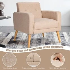 Costway Modern Accent Chair Upholstered Linen Armchair W/Rubber Wood Legs YellowBeigeGreyNavy -Costway GUEST 190ec8b7 5189 41c7 bcbd 083cfebf518e