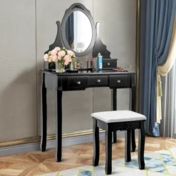 Costway Vanity Jewelry Wooden Makeup Dressing Table Set W/Stool Mirror & 5 Drawers Black -Costway GUEST 192fb5d7 be5a 4094 a627 5147d4589e74