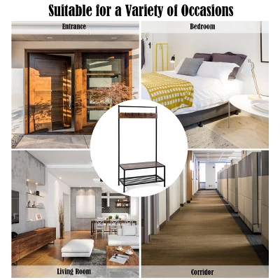 COSTWAY 3 In 1 Industrial Coat Rack Shoe Bench Entryway Hall Tree Storage Shelf W/ Hooks 7 COSTWAY 3 In 1 Industrial Coat Rack Shoe Bench Entryway Hall Tree Storage Shelf W/ Hooks - Image 5