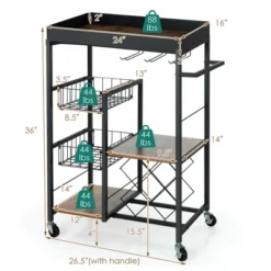 Costway 4-Tier Kitchen Carts Rolling Serving Trolley Wine Rack Removable Tray Basket