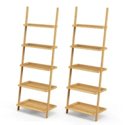 Costway 2 PCS 5-Tier Bamboo Ladder Shelf Wall-Leaning Display Bookcase Storage Rack -Costway GUEST 1a994671 6d2f 49bc 8665 cf4fc2256bdb