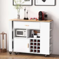 Costway Reversible Folding Kitchen Island Cart Utility Storage Trolley Wine Rack Shelves