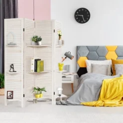 Costway 4 Panel Folding Room Divider Screen W/3 Display Shelves 5.6 Ft Tall WhiteNatural -Costway GUEST 1ccf1830 a1b1 4909 bd26 162e84f91e96