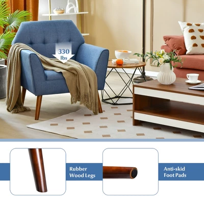 Costway Modern Tufted Fabric Accent Chair Upholstered Armchair With Rubber Wood Legs Blue/Grey 9 Costway Modern Tufted Fabric Accent Chair Upholstered Armchair With Rubber Wood Legs Blue/Grey - Image 7