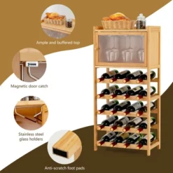 Costway 20-Bottle Bamboo Wine Rack Cabinet Freestanding Display Shelf W/ Glass Hanger -Costway GUEST 215e70cf 6f02 4519 8940 b9d803b1c43c
