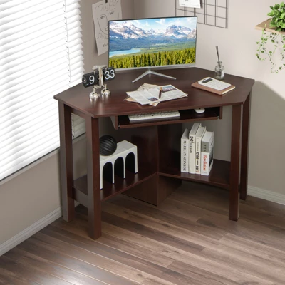 Costway Wooden Corner Desk With Drawer Computer PC Table Study Office Room Brown 4 Costway Wooden Corner Desk With Drawer Computer PC Table Study Office Room Brown - Image 2