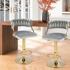Costway Swivel Velvet Bar Stools Set Of 2 Upholstered Adjustable With Woven Backrest Grey/Beige/Yellow -Costway GUEST 22b94c05 34db 4069 8b80 dab12a9201a5