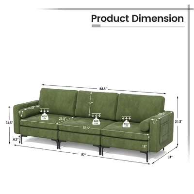 Costway Modern Modular 3-Seat Sofa Couch W/ Side Storage Pocket & Metal Legs Army Green 5 Costway Modern Modular 3-Seat Sofa Couch W/ Side Storage Pocket & Metal Legs Army Green - Image 3