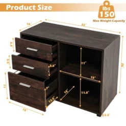 Costway 3-Drawer Wood File Cabinet Mobile Lateral Printer Stand With Open Storage Shelves
