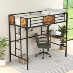 Costway Twin Size Metal Loft Bed With Desk Storage Shelf Ladder Space Saving Industrial