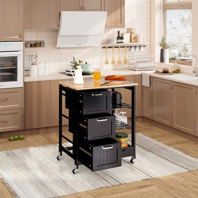 Costway Rolling Kitchen Island Utility Storage Cart W/ 3 Storage Drawers & Shelves White/Black 5 Costway Rolling Kitchen Island Utility Storage Cart W/ 3 Storage Drawers & Shelves White/Black - Image 3