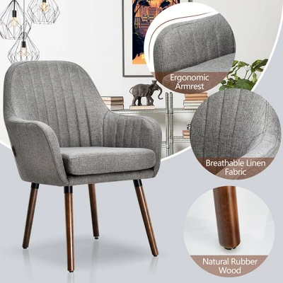 Costway Set Of 2 Accent Chairs Fabric Upholstered Armchairs W/Wooden Legs Beige/Gray 11 Costway Set Of 2 Accent Chairs Fabric Upholstered Armchairs W/Wooden Legs Beige/Gray - Image 9